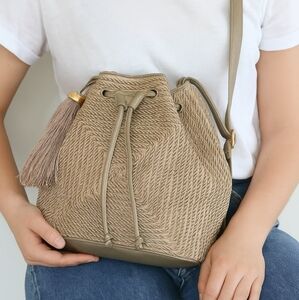 VNTG Sharif Rope Detailed Gold Leather Bucket Crossbody Bag Tasseled Medium